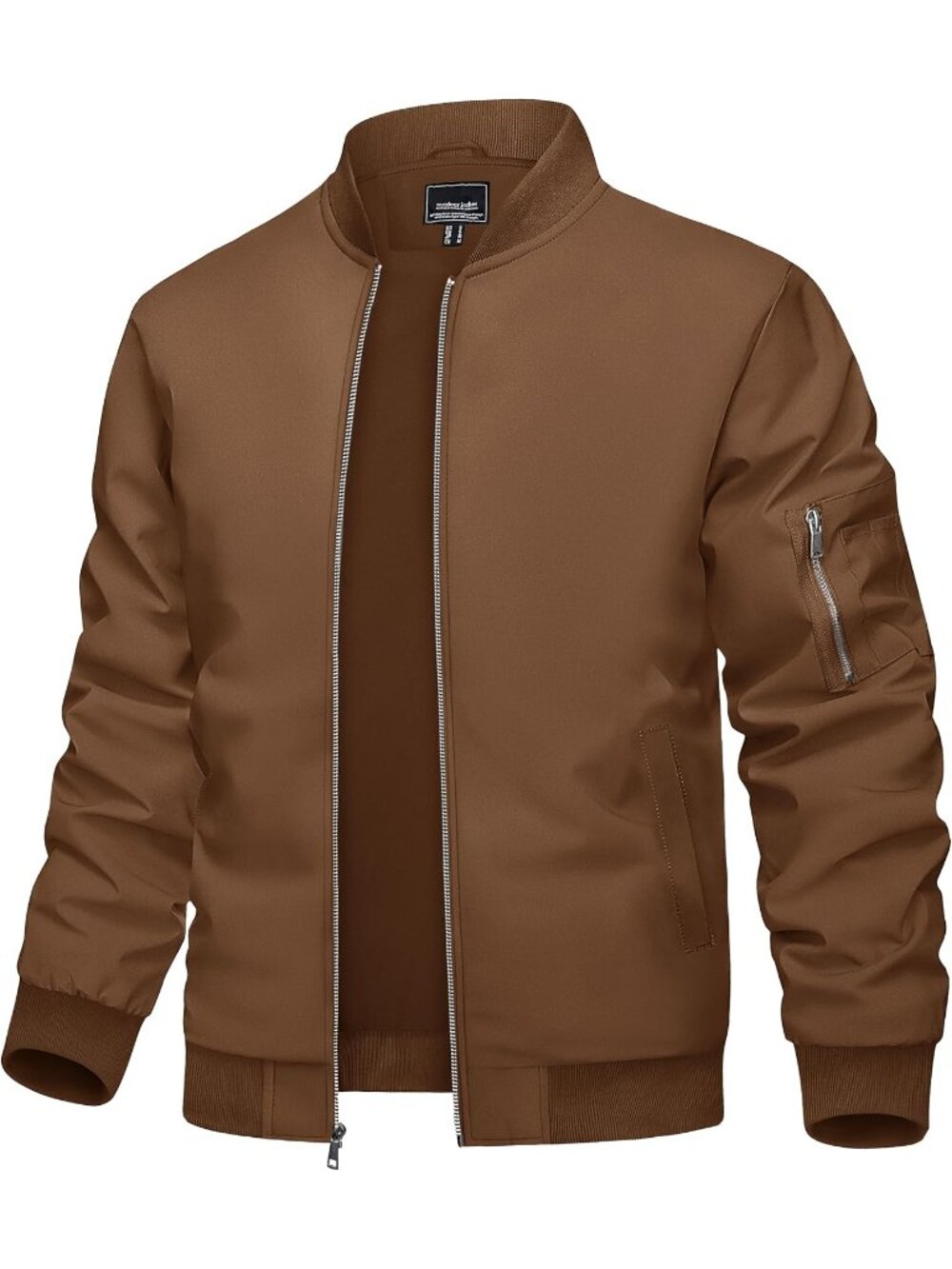 Men's Brown Polyester Full Zipper Stand Collar Pockets Windbreaker Bomber Jacket